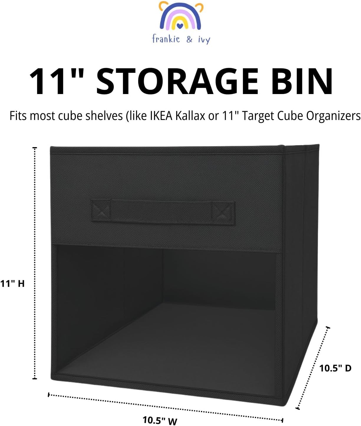 Frankie & Ivy 11 Inch Clear Front Toy & Storage Bins (Black, 6 Pack) – Fabric Organizers for Toys, Clothes, Nursery & More – Fits 11" Cube Open Reversible Bookcase Bookshelf and Cube Storage Organizer