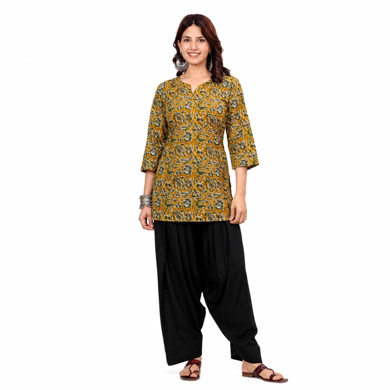 Women's Cotton Printed Kurti with Rayon Farshi Salwar Set | 3/4 Sleeve Round Neck Ethnic Kurta & Farshi Pant | Casual, Office-picture-33