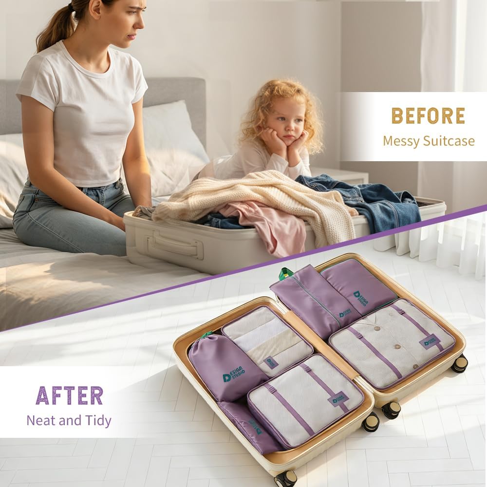 8 Piece Expandable Packing Cubes Set with Hanging Waterproof Toiletry Bag - Compression Travel Organizers for Airplane Essentials, Lightweight Luggage Storage for Carry On Suitcase(Purple) - Image 3