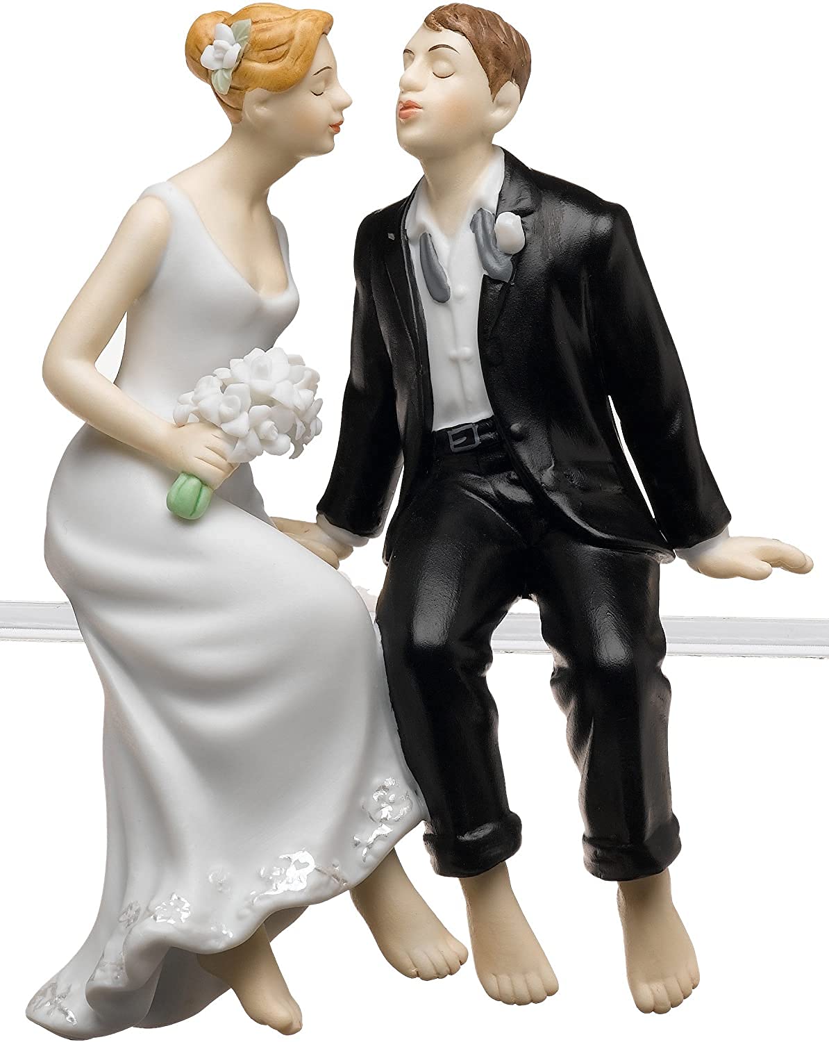 Whimsical Sitting Bride and Groom Porcelain Figurine Cake Topper - Light Skin Tone