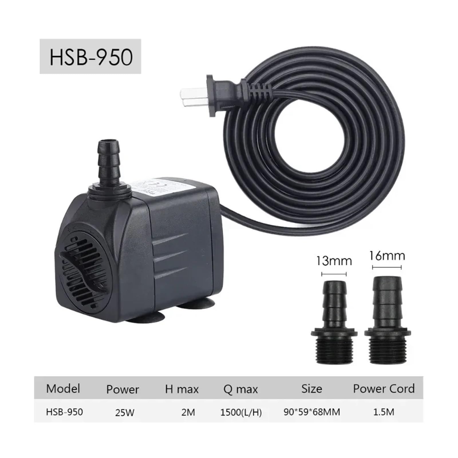 Bomba de agua para pecera Minibomba de agua sumergible de flujo ajustable for acuario, estanque y fuente al aire libre con ventosa inferior.(EU plug HSB950B)