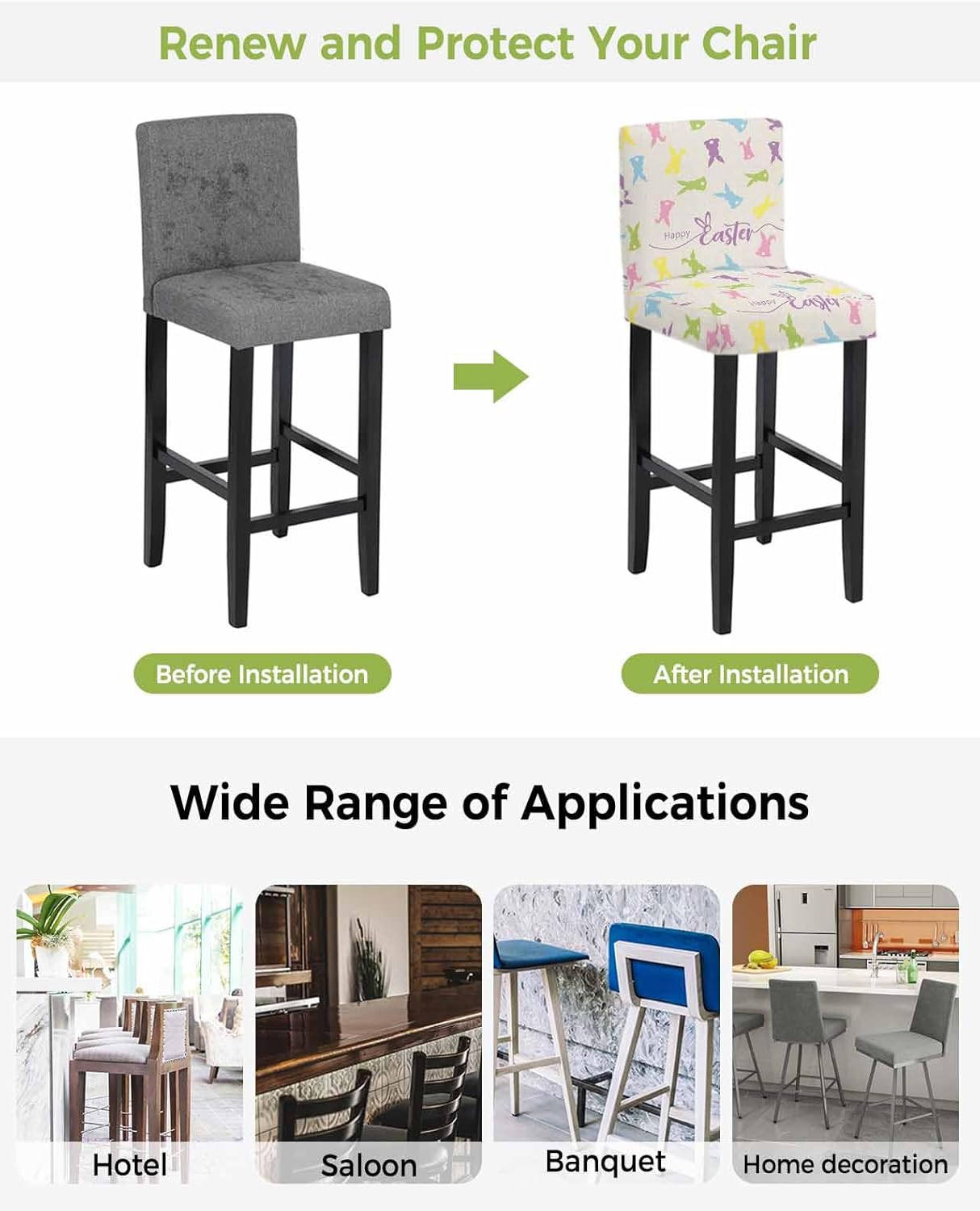 Bunny Easter Bar Stool Cover Set of 2, Spring Rabbits Vintage Rustic Stretch Bar Chair Cover, Removable Washable Pub Counter Stools Chair Slipcover for Kitchen Dining Room Pub Cafe