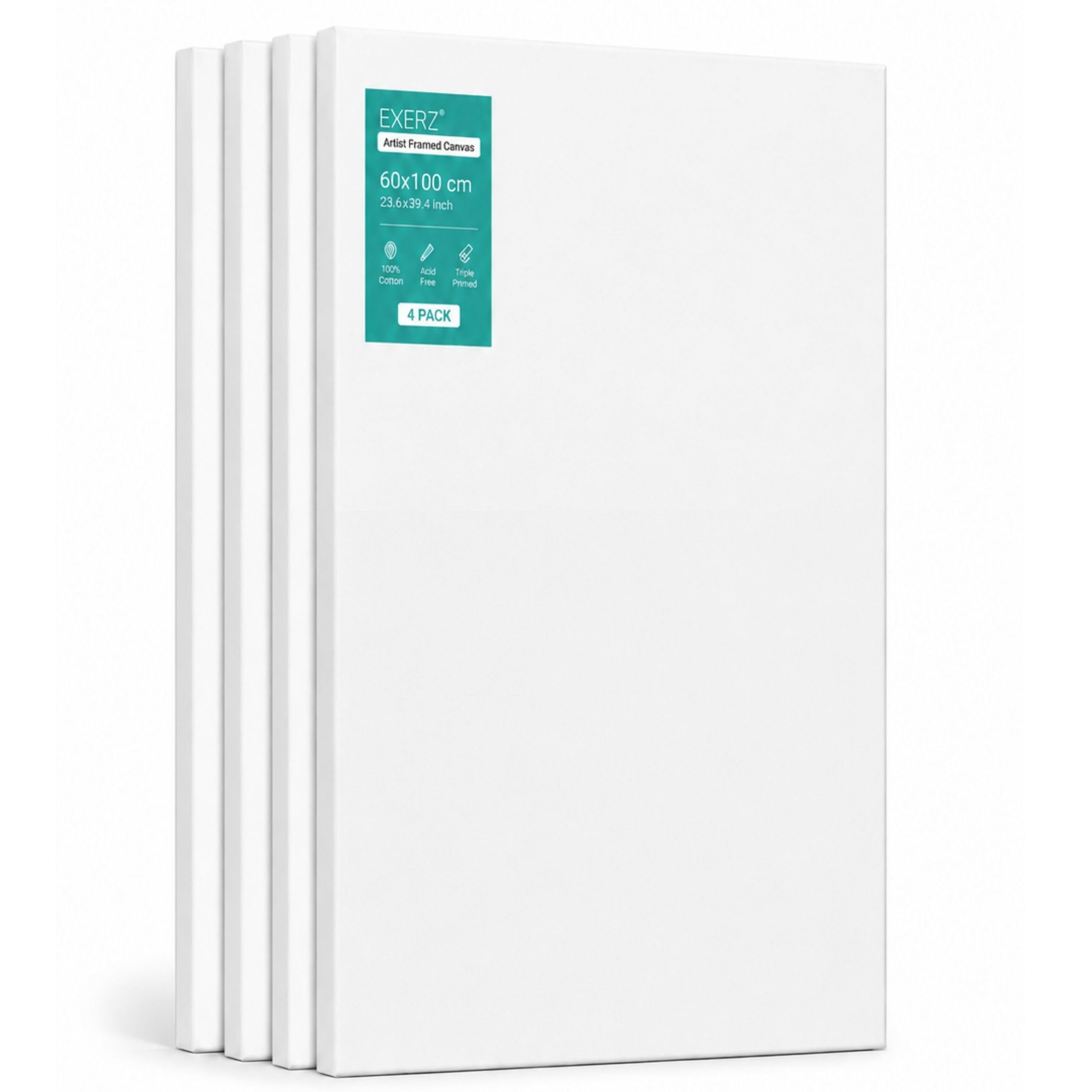 Exerz 60x100cm Pre-Stretched Canvas 4pk - 1.7cm Artist Framed Canvas Large Blank, 280GSM 100% Cotton, Triple Primed, Acid Free, Medium Grain - Acrylic, Oil Painting (60x100cm-4pcs)