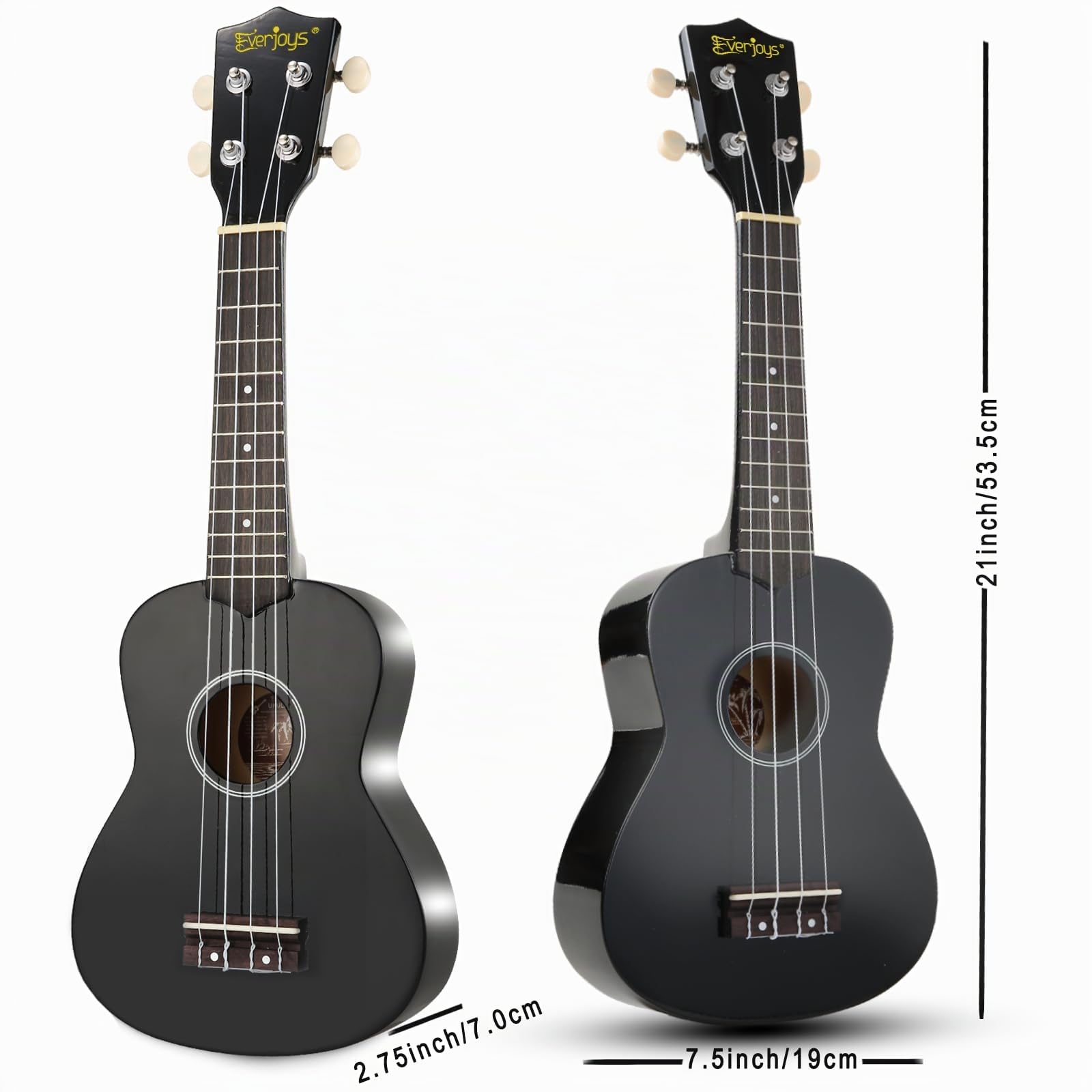 Everjoys Kit de ukelele soprano para principiantes, para niños, adultos, estudiantes, 21 pulgadas, correa de repuesto, cuerda de repuesto, paño de pulido, púas de cancionero (negro brillante)
