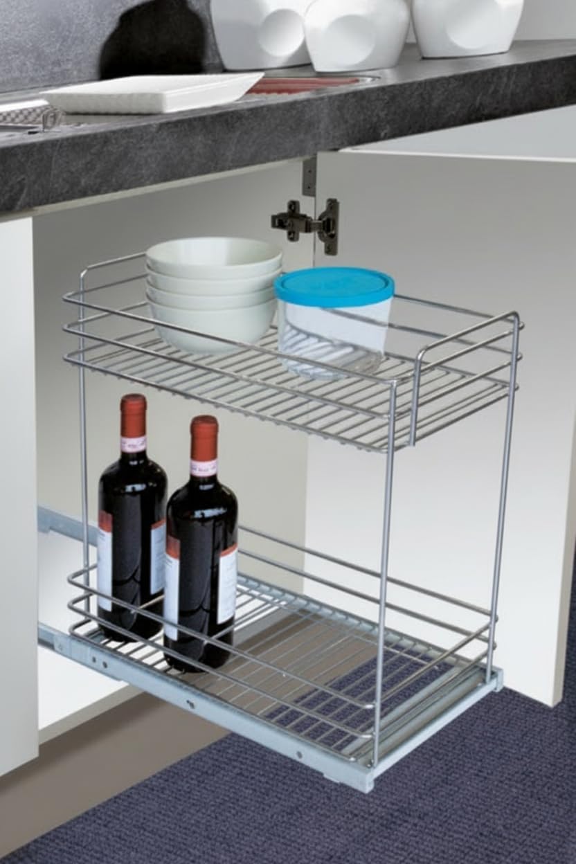 Cestello estraibile sottolavello da cucina 23,5x45x48,5cm, cassetto telescopico scorrevole con guide laterali,organizer piano in filo d'acciaio cestello portatutto portabottiglie da incasso per mobili
