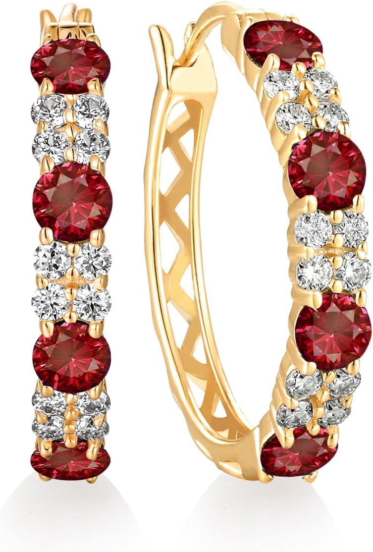 Moissanite and Sapphire/Ruby/Emerald 20mm Hoop Earrings for Women, Solid 925 Sterling Silver with Gold Plated, Hypoallergenic Hoops, Anniversary Birthday Valentines Mothers Day Jewelry