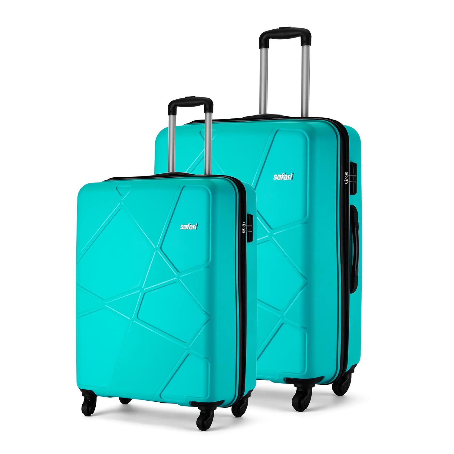 Safari Cabin Polypropylene 360 Degree Pentagon Trolley Bag Set, 55 cm and 65 cm Hardside and Check in Luggage, 4 Wheel Cyan Travel Suitcase - Small and Medium