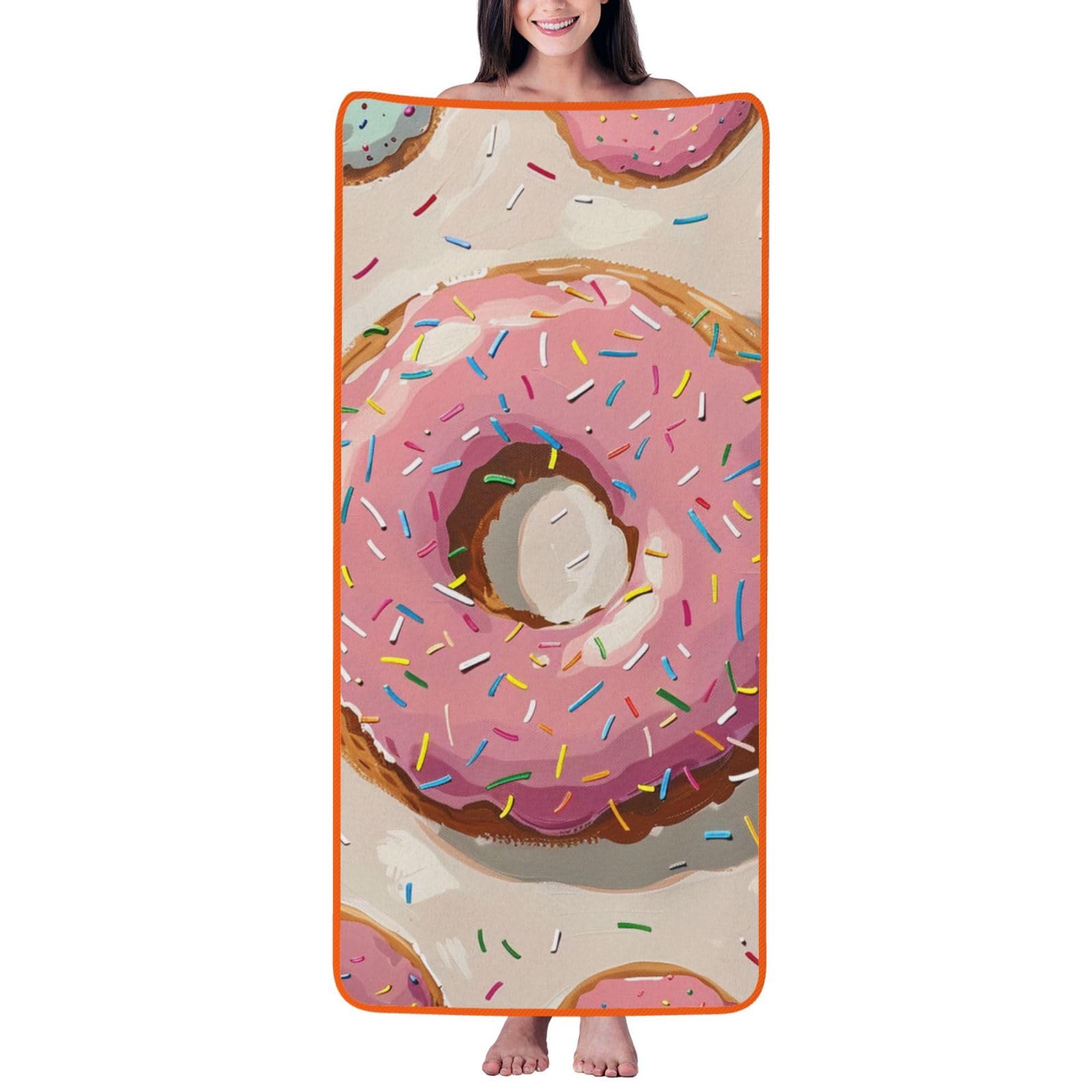 WPKJU Donuts Printed Bath Towel with Orange Edging - 27x55 in Soft Extra Absorbent Coral Velvet Shower Towels for Bathroom