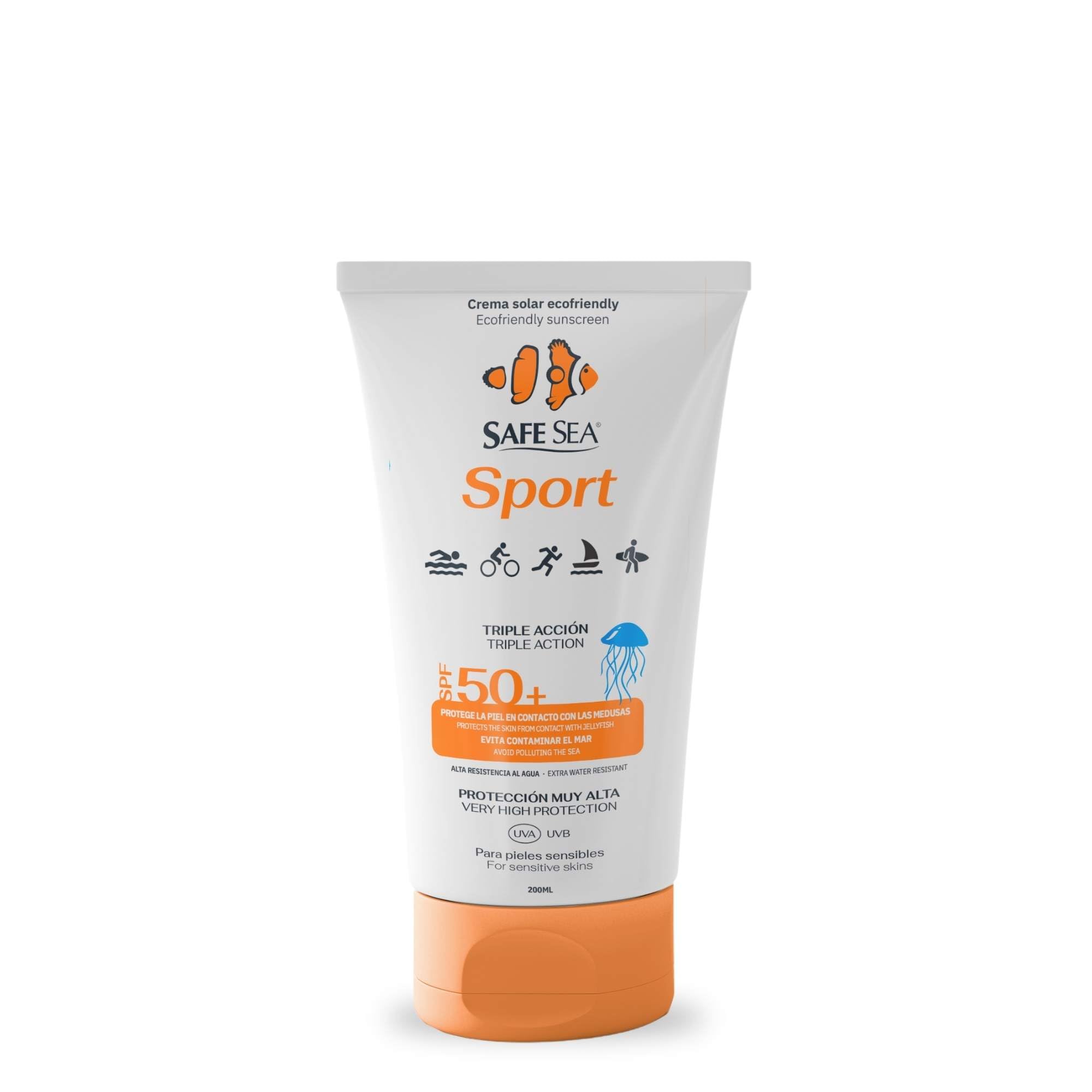 SAFE SEA - Crema Solar Sport SPF 50 100 ml | Protector Solar 50 Muy Resistente al Agua con Alta Protección Solar para Deportistas | Crema Solar Deporte Protege la Piel de la Picadura de Medusas