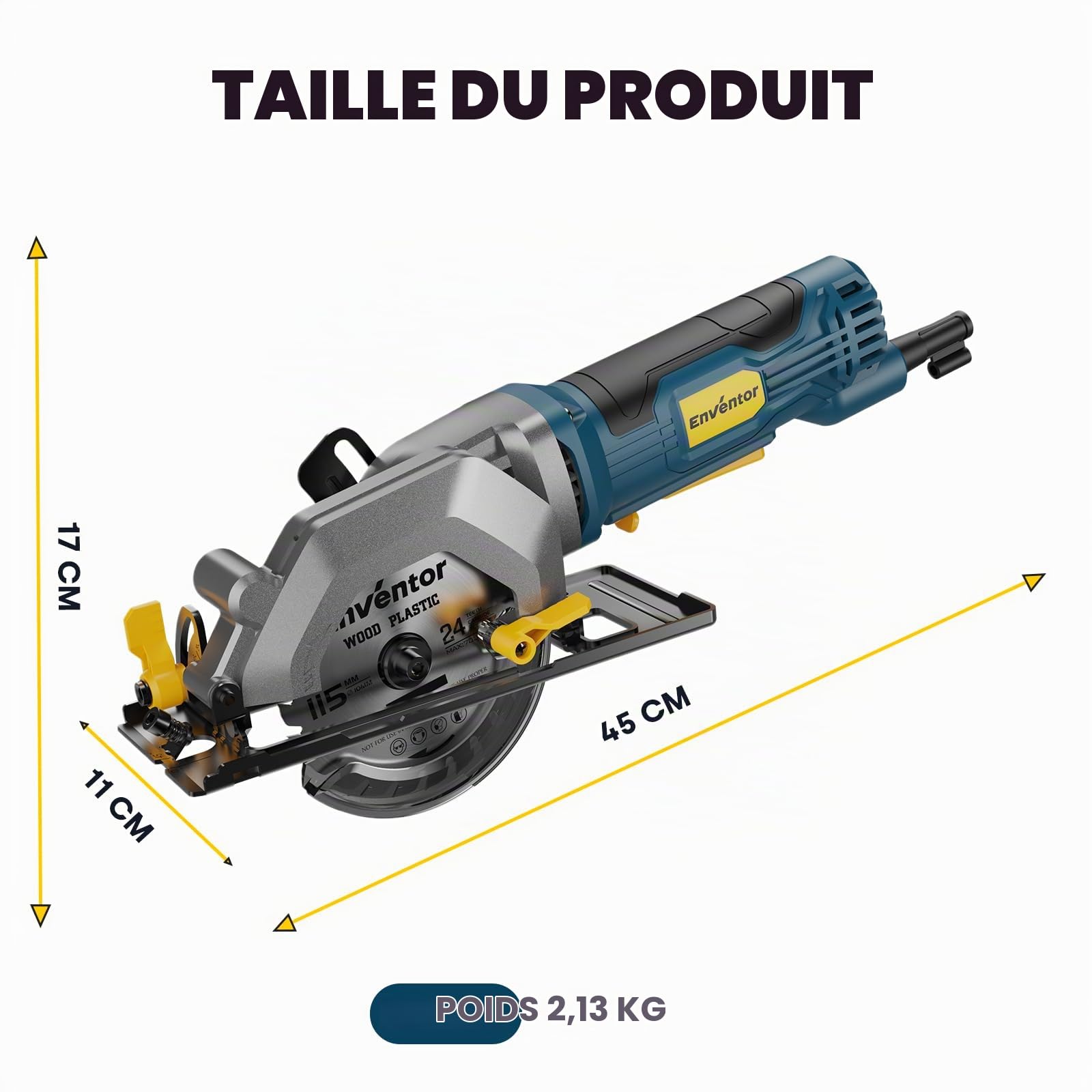 Enventor Mini Scie Circulaire, 580W, 3 Lames 115mm | Petite Scie Circulaire, 4000RPM, Profondeur de coupe de 43mm (90°) et 29mm (45°), pour le Bois, Plastique et PVC