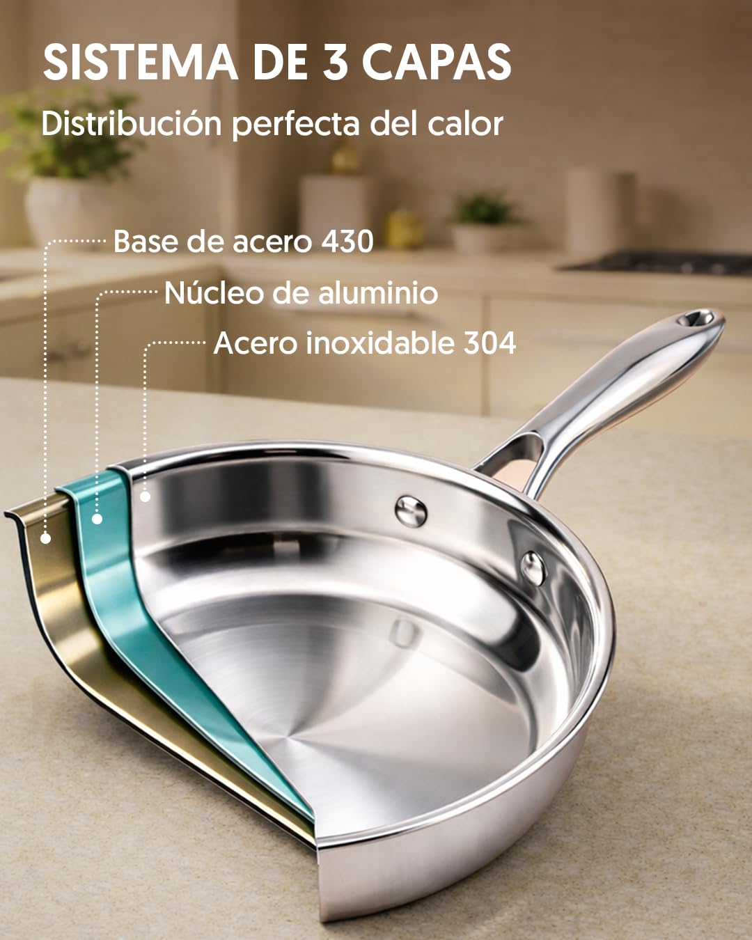 La Moustache - Batería de Cocina de Acero Inoxidable 10 Piezas con Tapas de Vidrio (Ø16/18/20/24/26 cm) - Juego de Ollas y Sartenes para Inducción, Sin Recubrimientos, Apta Lavavajillas (Titan Inox) — view 5