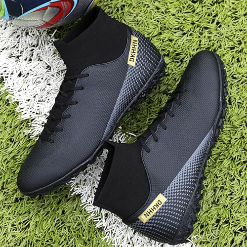 Image of Men's Indoor Soccer Shoes Turf Cleats High-Tops Lace-Up Non-Slip Spikes Futsal Football Boots Black EU 45
