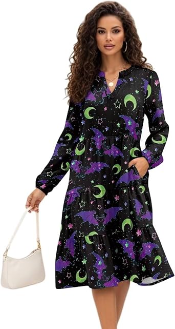 Womens Long Sleeve V Neck Dress Pleated Patchwork Midi Dresses with Pockets for Leisure Daily Life