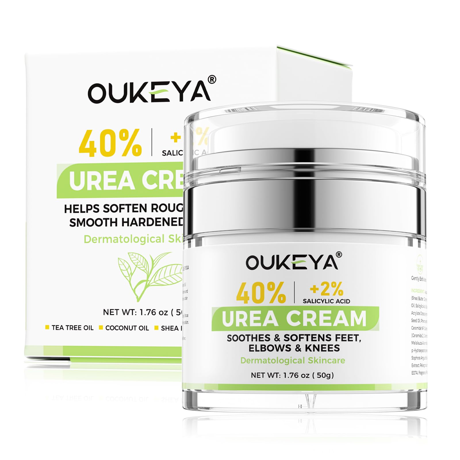 OUKEYA Urea Creme 40% mit 2% Salicylsäure, Fusscreme Feuchtigkeit & Reparatur für Trockene, Füße, Fersen, Knie, Urea Handcreme für Hände, Fußcreme, Hornhautentferner, Entfernt Hühneraugen (50g)