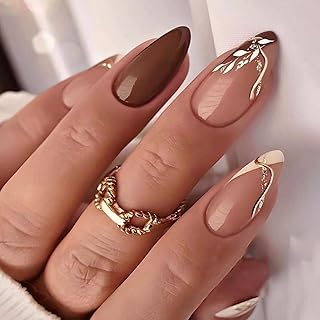 Ceboic 24 Stück Press on Nails Mandel Kurz, Französische Tips Künstliche Nägel mit Braun Blätter Design, Glossy Gel Kunstnägel Nägel Zum Aufkleben Acryl Fingernägel Falsche Nägel für Frauen Nail Art