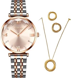 Relógio Feminino Original de Pulso Dourado com Mostrador Rosê e Pulseira Dourada e Prateada, Aço Inoxidável, à Prova d'Água com Semi Joia Colar e Brincos Folheados Ouro 18K Presente Dia dos Namorados