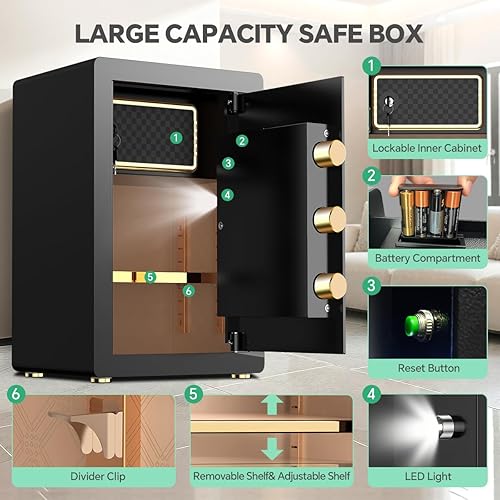Miniatura 8 de Caja de seguridad con teclado digital y sistema de alarma  Caja de seguridad electrónica para efectivo de joyería con estantes ajustables  Incluye