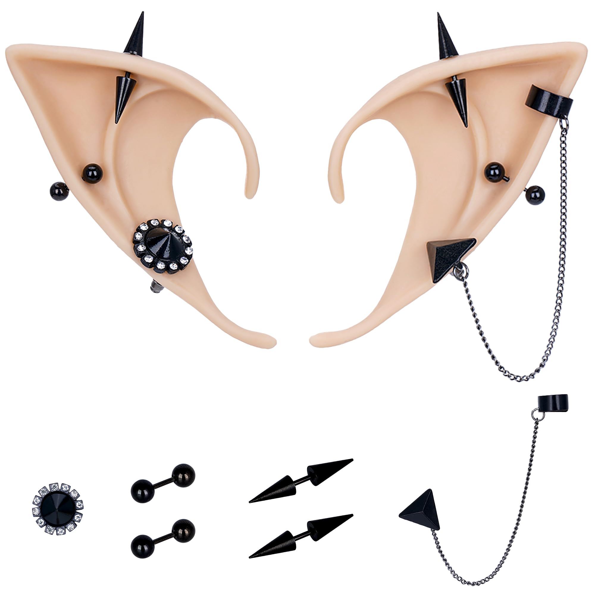 FRESHME Gothic Elf Ears with Sliver Piercings Set, Renaissance Fairy Ear Cuffs with Skull Earrings