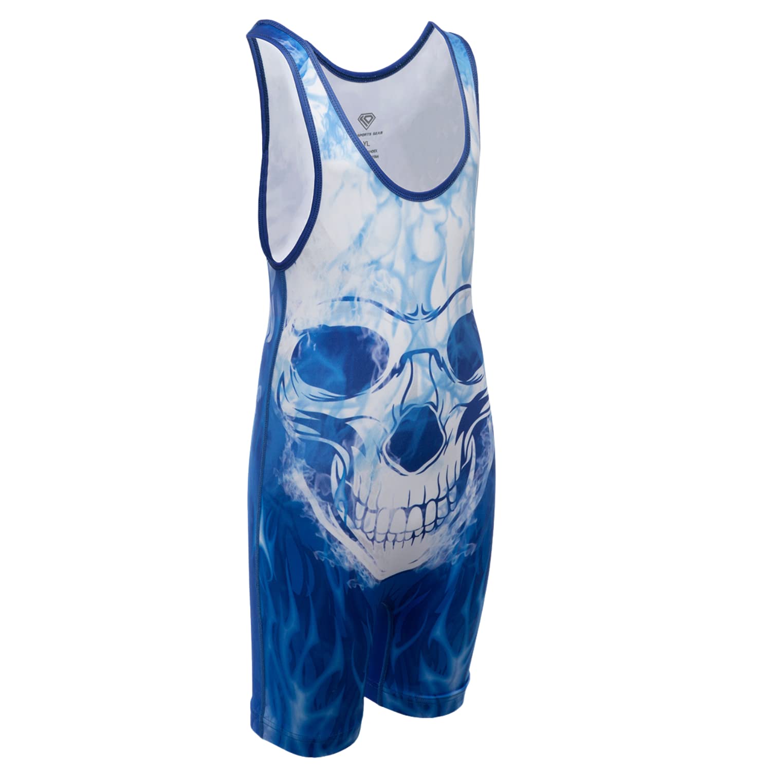 Blue Flame Skull Wrestling Singlet - Championship Wrestling, Gymnastics, Triathlon Singlet for Men &
