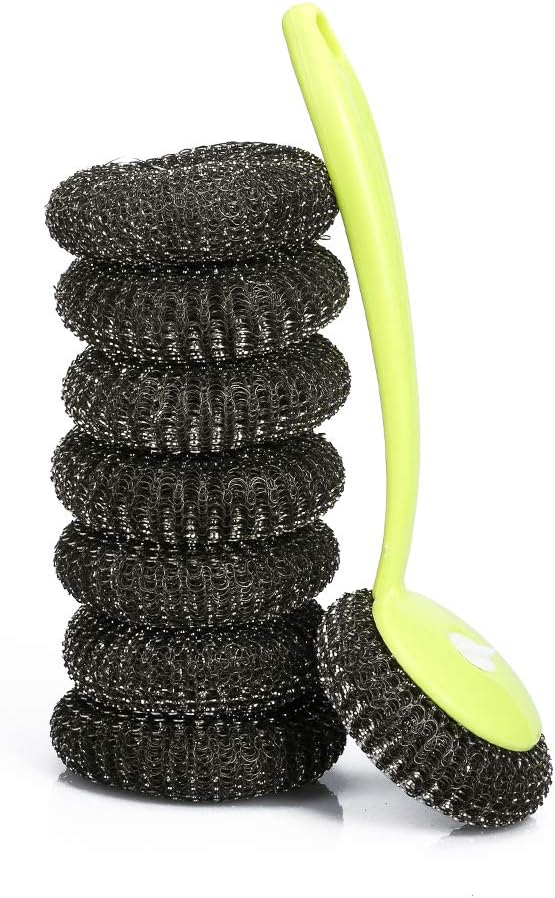 Stainless Steel Scourer Scrub Pad with Plastic Handle Cleaning Brush Stainless Steel Plastic Wire Scrubbers 8Pcs