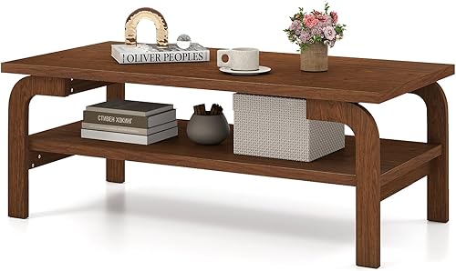 Miniatura 9 de GOFLAME Mesa auxiliar rectangular con almacenamiento, mesa central moderna de mediados de siglo con estante abierto y patas curvas, 2 niveles, mesas