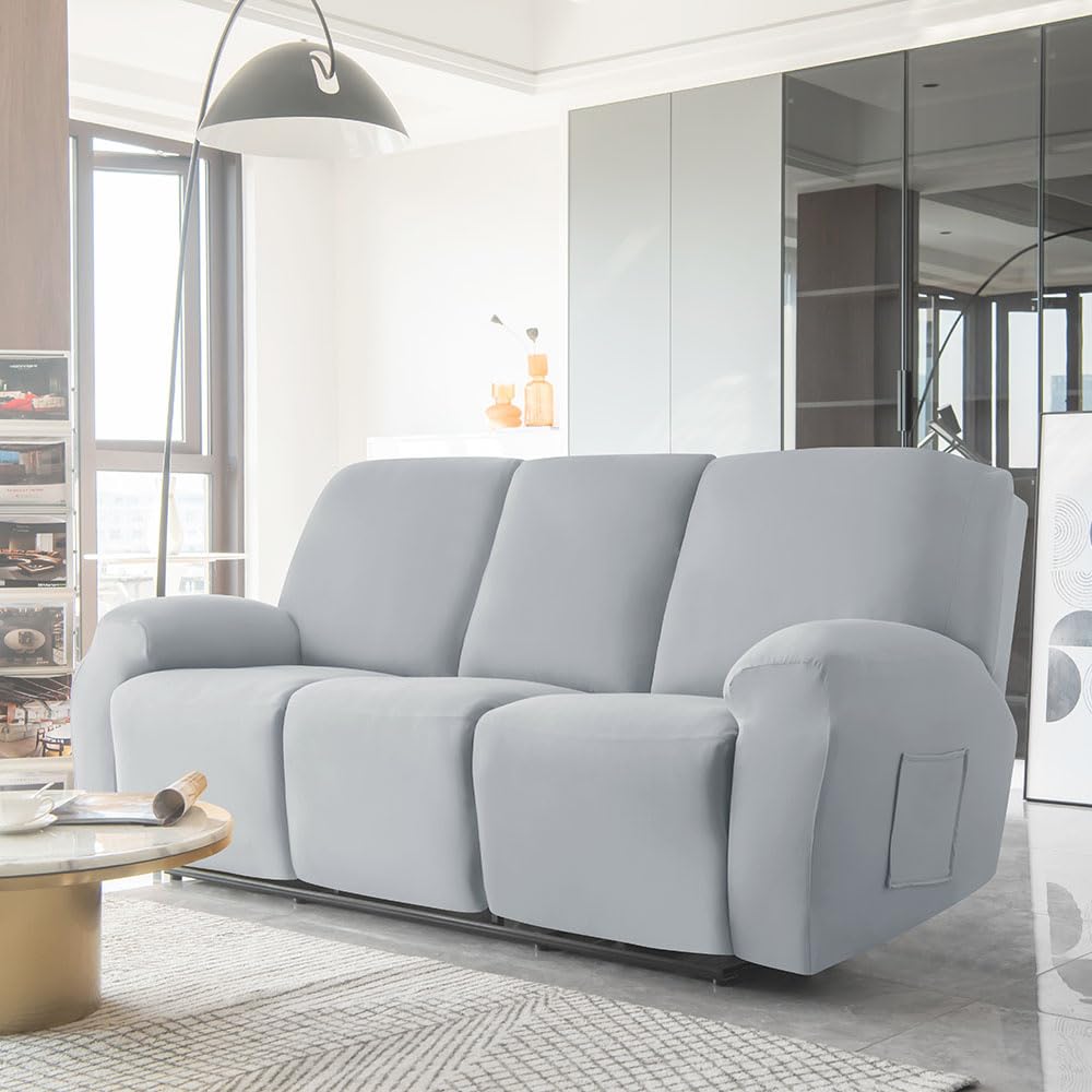 Highdi Funda de Sillón Relax Elástica para Sillón Reclinable, Funda Reclinable Color Sólido con Bolsillos Laterales, Antideslizante Extraíbles y Lavables Fundas Protector (Humo Gris,3 plazas)