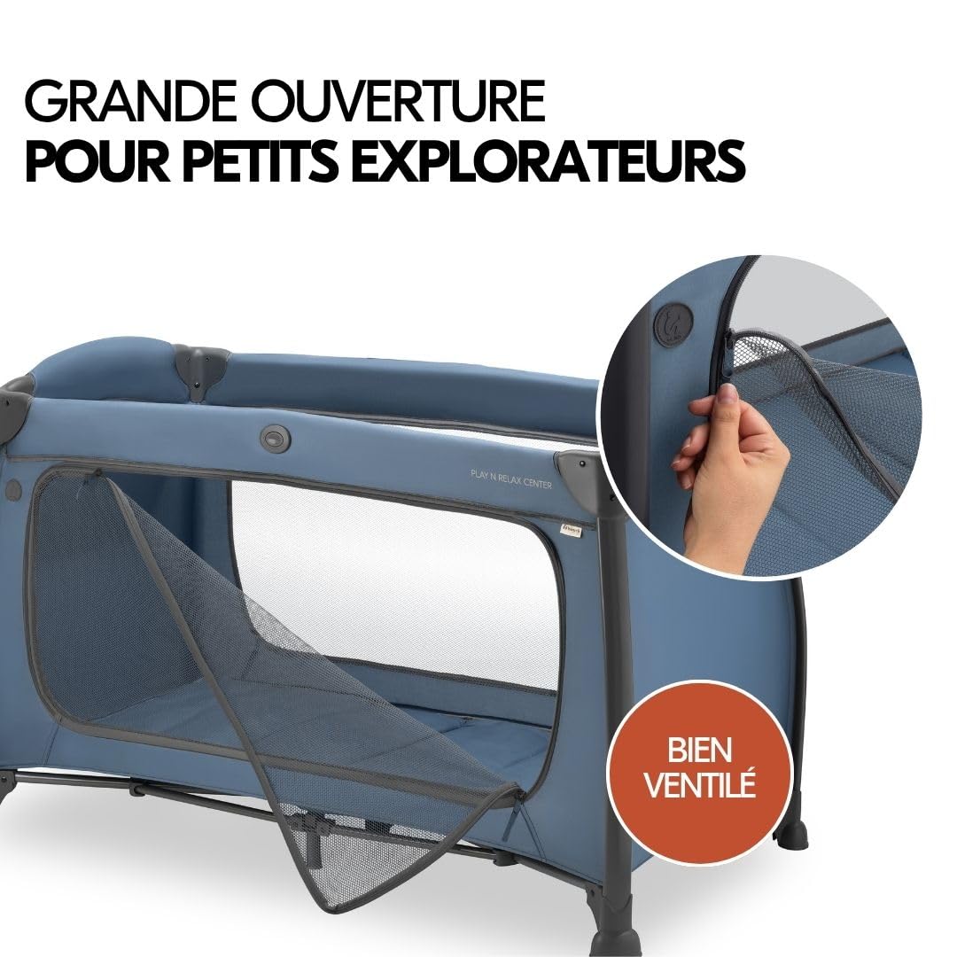 hauck Lit Parapluie Bébé avec Matelas Play N Relax Center - Lit Voyage Bébé Moustiquaire, Niveau Nouveau-Né, Table à Langer, Roues, Sac Transport, Bleu Foncé
