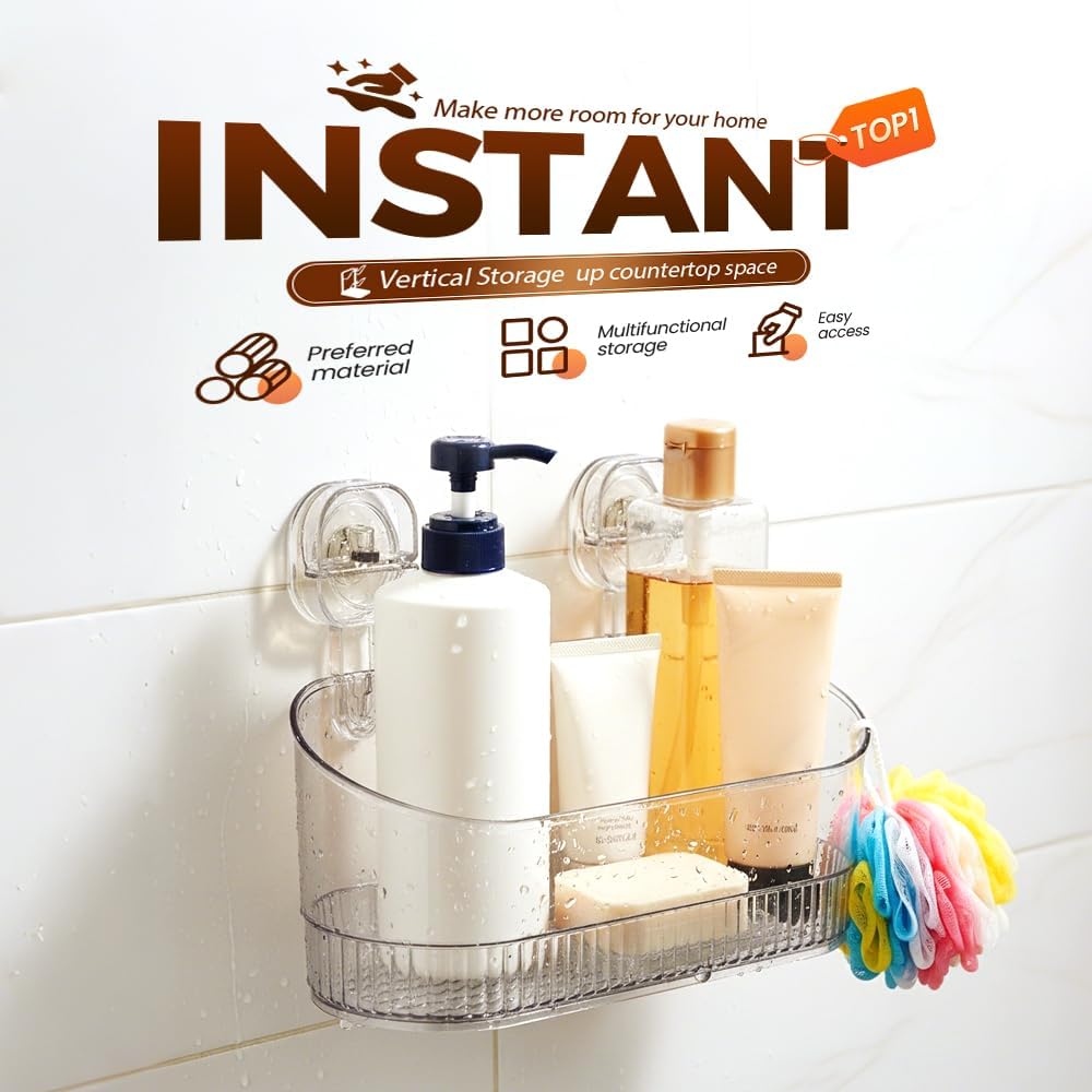 No-Drill Bathroom Suction Storage Box, 2026 New Corrugated Suction Cup Storage Holder,Powerful Suction Storage Box,Removable Hanging Storage Basket,Ripple Acrylic Wall Shelf (Clear)