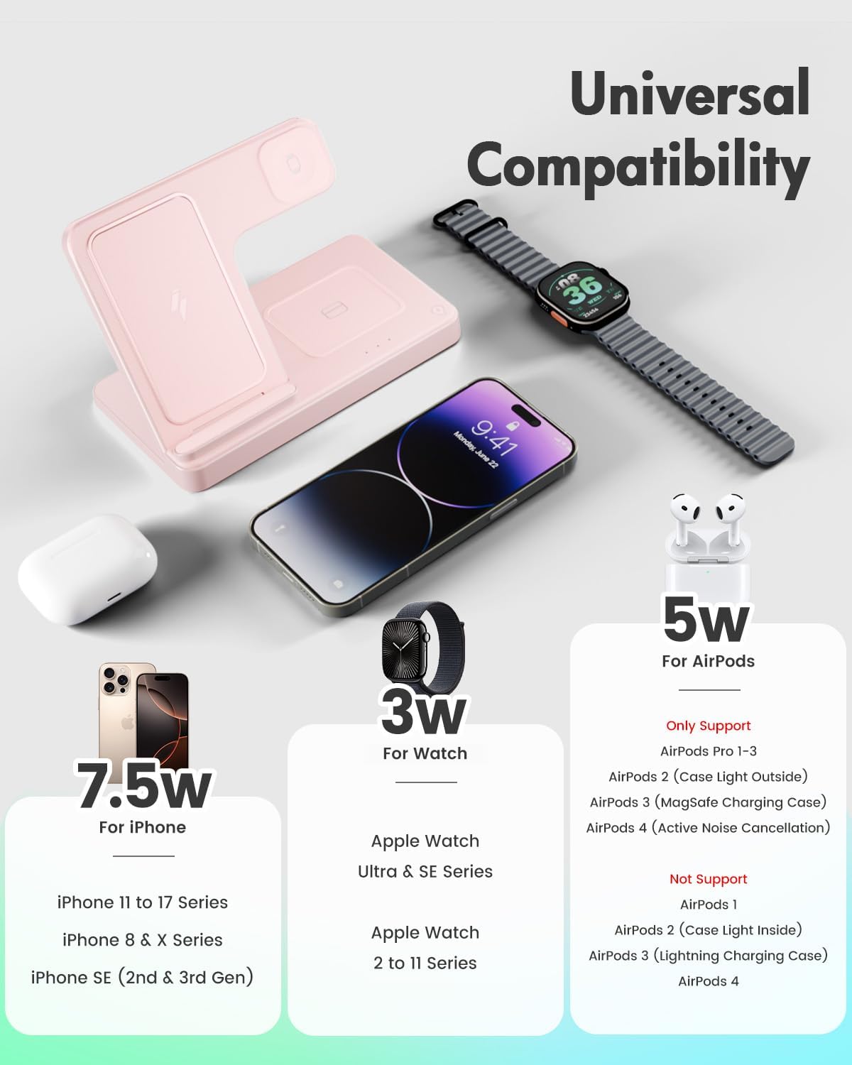 Wireless Charger Stand Charging Station: 3 in 1 Charger Stand Multiple Devices for Apple - iPhone 17 16e 16 15 14 Pro Max 13 12 - Watch 11 10 9 8 7 6 5 4 3 2 SE and Ultra Series-Airpods 4 3 Pro, Pink - Image 2