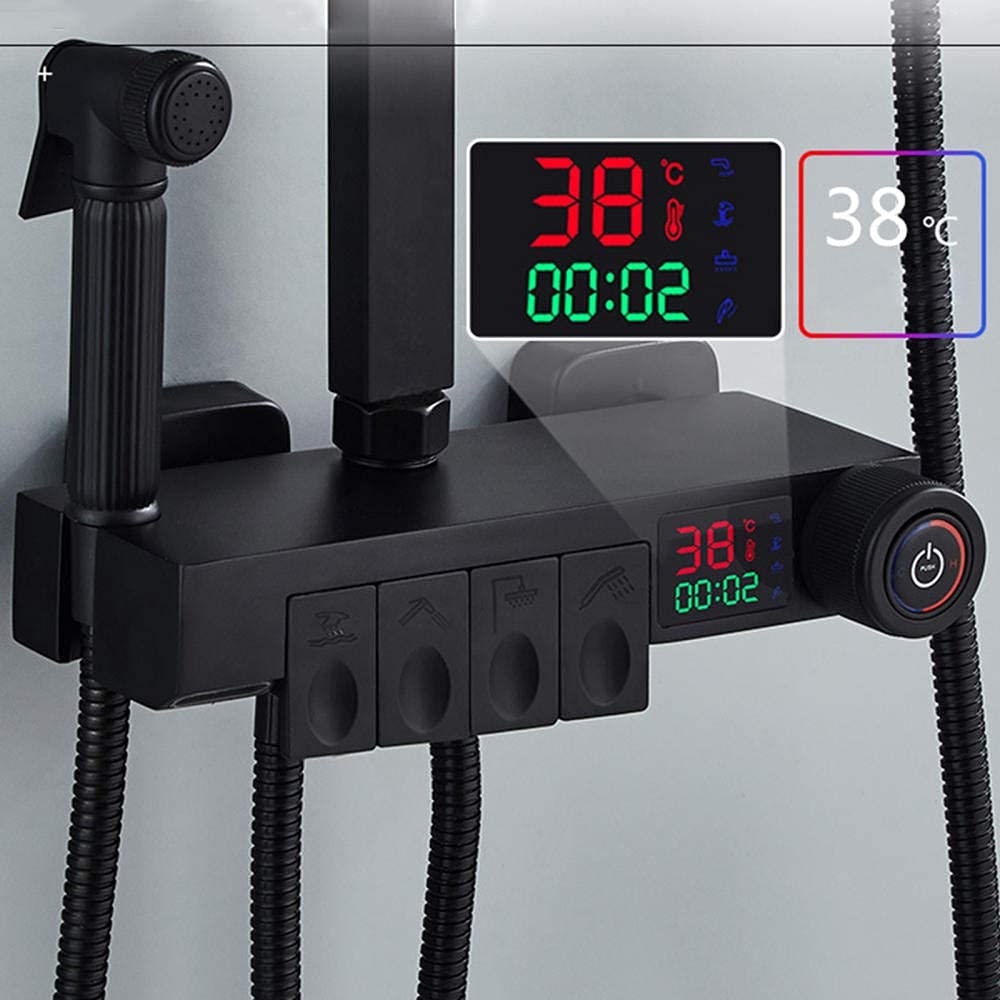 Bateria termostatyczna do łazienki czarny, zestaw prysznicowy z ekranem LED i półką, głowica prysznicowa 10 x 30 cm z prysznicem, system mieszania z głowicą prysznicową-chrom-B
