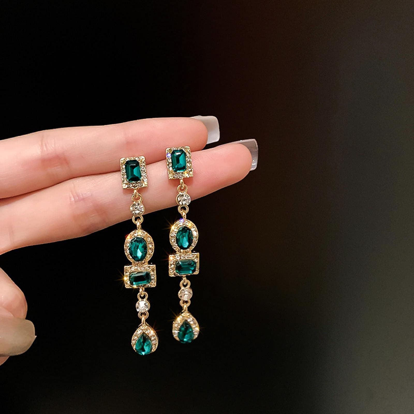 LOKILOKI Orecchini Pendenti Lunghi Verde Cristallo A Goccia - Con Ago In Argento 925, Lusso Vintage Per Donna