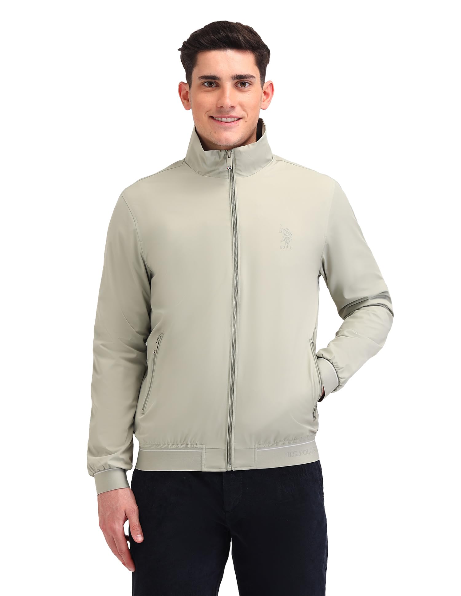 U.S. Polo Assn. Men's Green Color-Block High neck Long Sleeve Casual Polyester Regular Fit Jacket in green