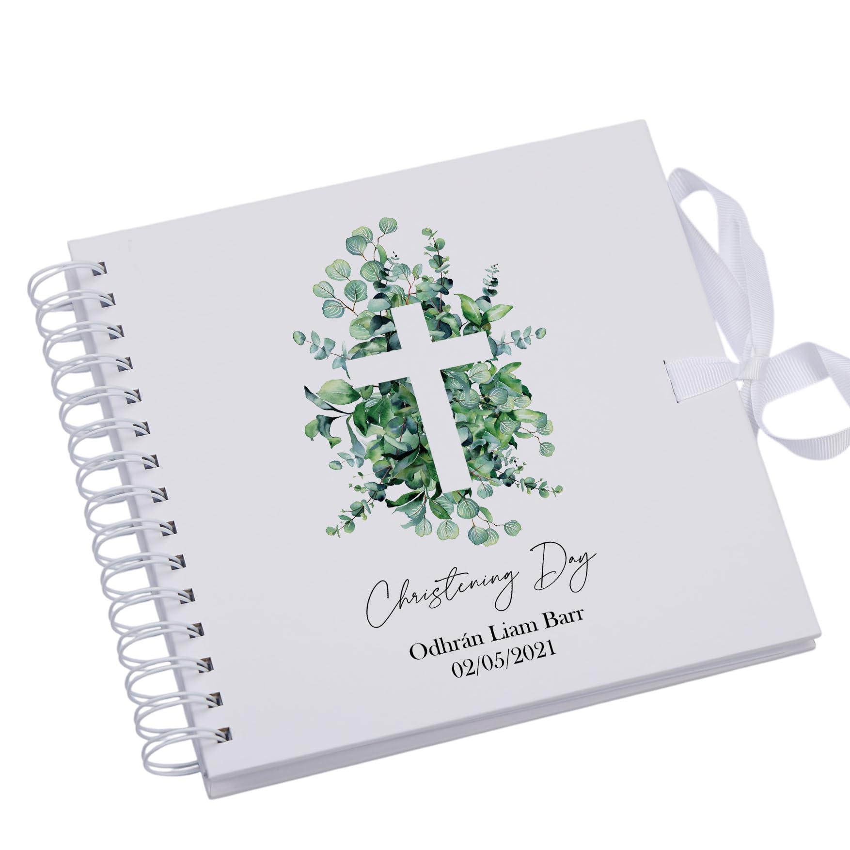 Ukgiftstoreonline White Personalised Christening Scrapbook Photo Album With Cross And Eucalyptus Guestbook