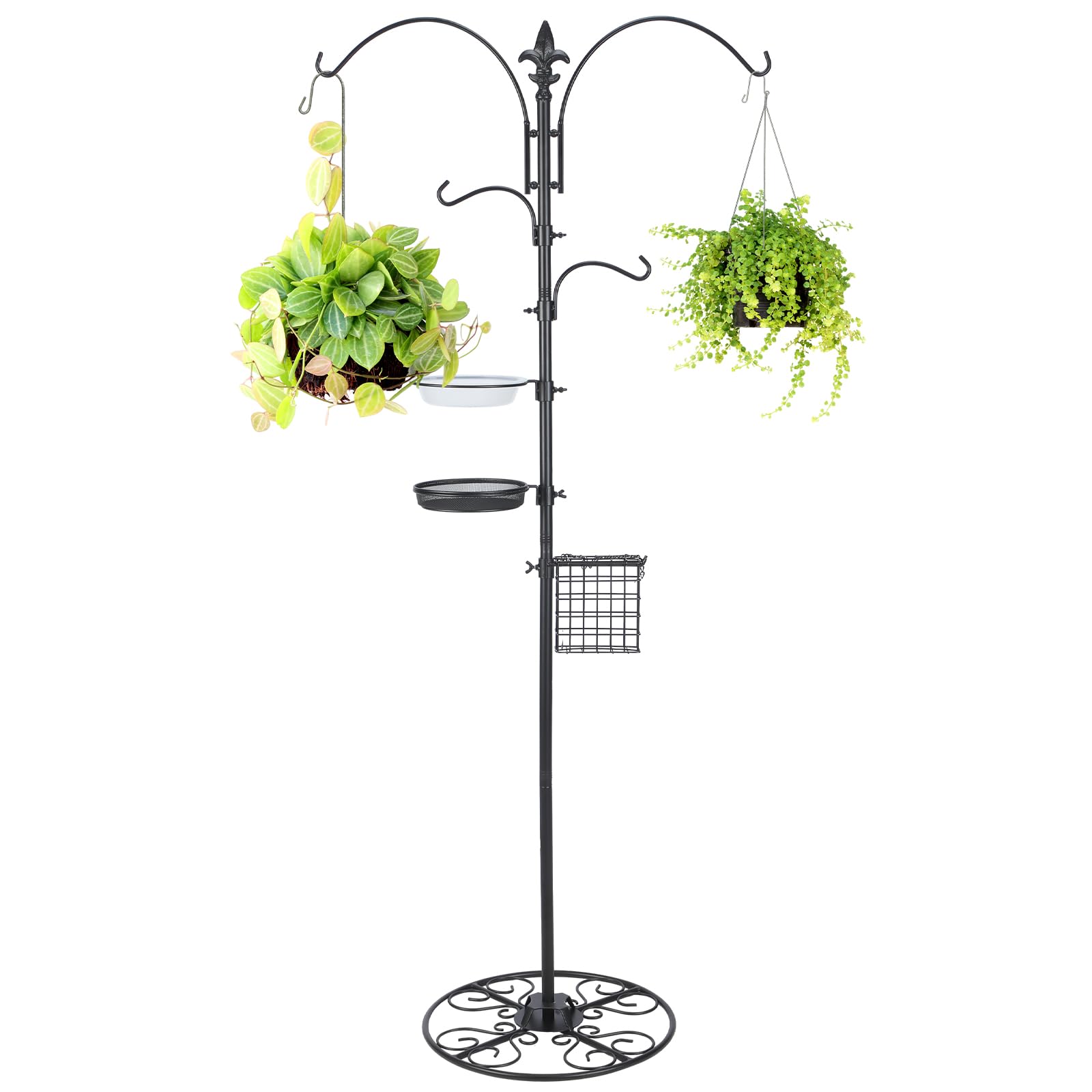 MorningRo Adjustable Shepherd Hook Stand, 34"- 55" Black Iron Shepherd Hook with Base for Plant Hanging, Wind Chime & Bird Feeder - Outdoor Garden Porch Decoration(Classic Style)