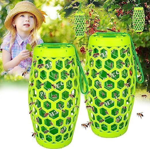 Wasp Traps Outdoor Hanging, Wasp Trap Bee Traps Catcher, Sticky Wasp Trap for Indoor/Outdoor, Effective Insect Trap,Carpenter Bees, Red Wasp & Paper Wasps-2 Pack 4 Sticky Boards(Green) Green-A02