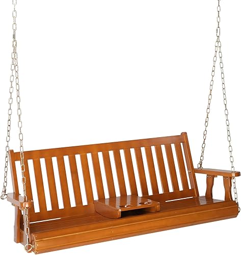 VINGLI Columpio de madera resistente de 880 libras para porche de patio con soporte para tazas, banco de 5 pies para exteriores bien acabado con