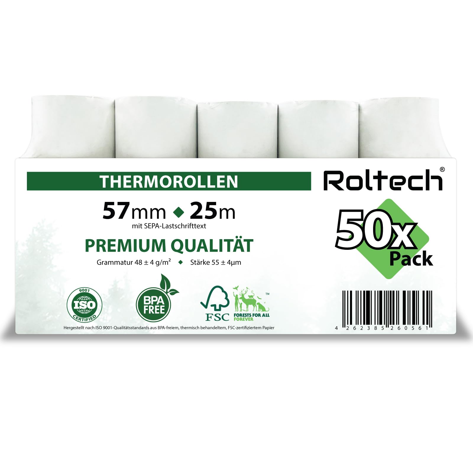 50 Thermorollen | 57mm x 25m x 12mm | mit SEPA-Lastschrifttext | BPA frei | EC Cash | Kassenrollen | Thermopapier | Bonrollen | Premium Qualität (50 Rollen)