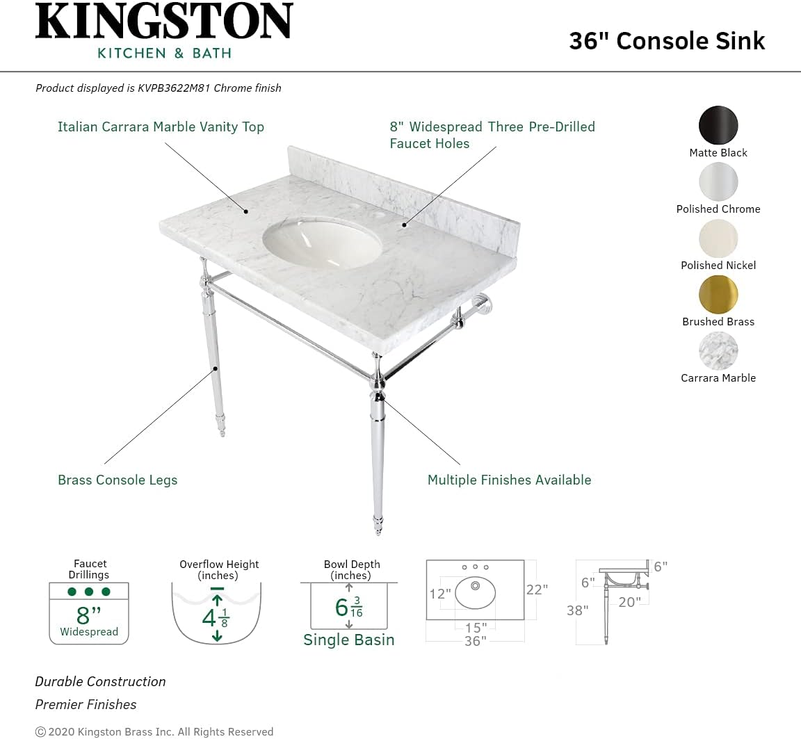 Kingston Brass KVPB3622M87 Edwardian 36" Console Sink with Brass Legs (8-Inch, 3 Hole), Marble White/Brushed Brass