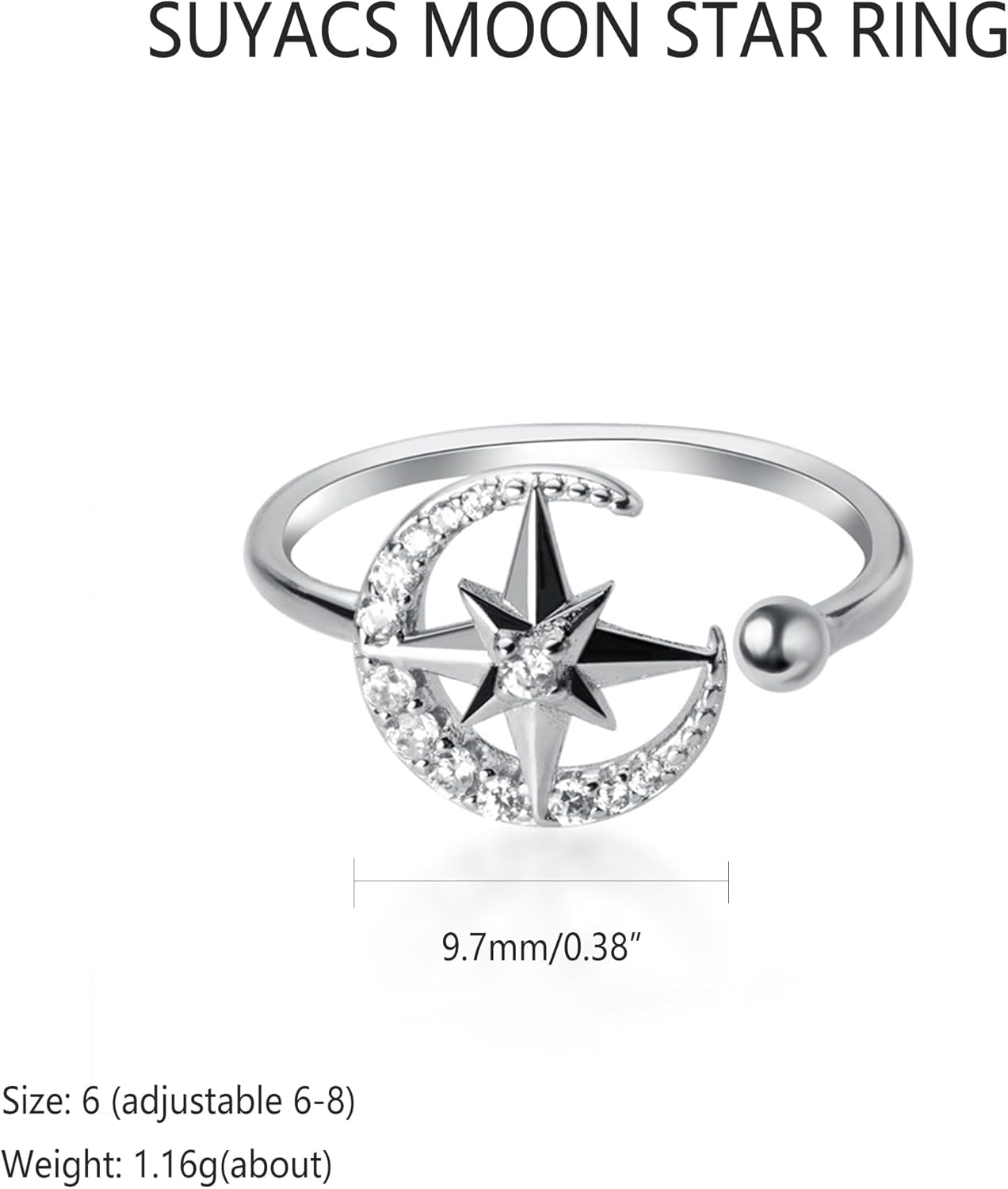 SUYACS 925 Sterling Silver Star and Moon Rings for Women 14K Gold Plated Adjustable Open Moon CZ Statement Ring Crescent Promise Finger Ring Jewish Jewelry Birthday Gifts to Daughter - Image 4