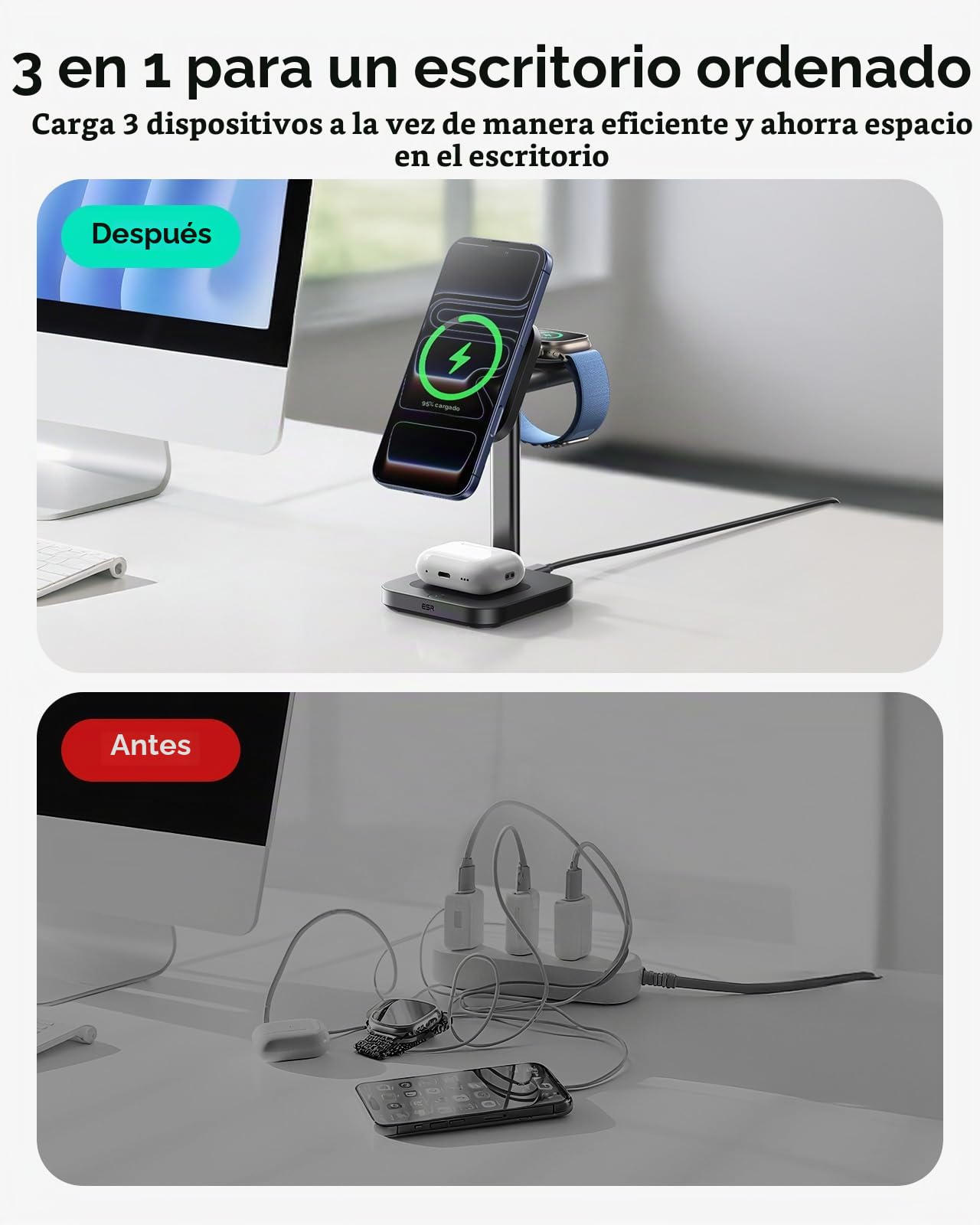 ESR Estación de Carga 3 en 1, Certificación Qi 2.2, MagSafe 25 W y CryoBoost, Carga Rápida con Refrigeración para iPhone 16/15/14/13/12, AirPods y Apple Watch, Negro | 25W y CryoBoost, Cargador Inalámbrico Rápido Stand Magnético para iPhone 16 con iOS 26,