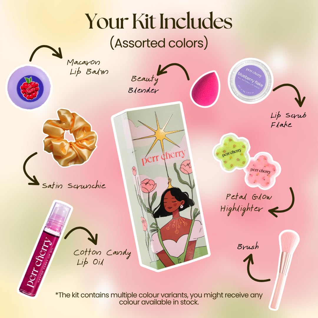 Perr Cherry 8-Piece Organic Makeup Kit Set for Girls, Preteens & Teens | Non-Toxic, Cruelty-Free & Vegan | Water-Washable Makeup Set with Highlighter, Lip & Cheek Tint, Lip Oil, Lip Balm & Brush (Assorted Colour) 2