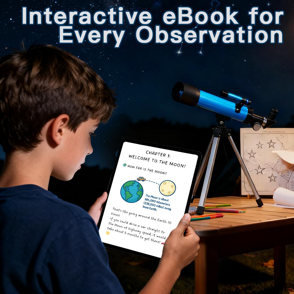 Telescopio astronómico para niños de 8 a 12 años con trípode, para principiantes, apertura de 50 mm, regalo educativo para niños y niñas de 6 a 12 años, portátil, 2 oculares 20X-66X
