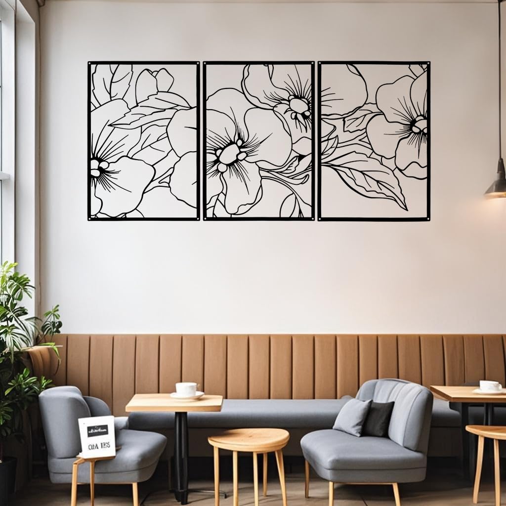 DETENE 3 Piezas Decoracion Pared Metal Negro Decoración de pared Minimalista Arte Decoración pared de Metal Flores para Dormitorio Sala Estar Baño Galería