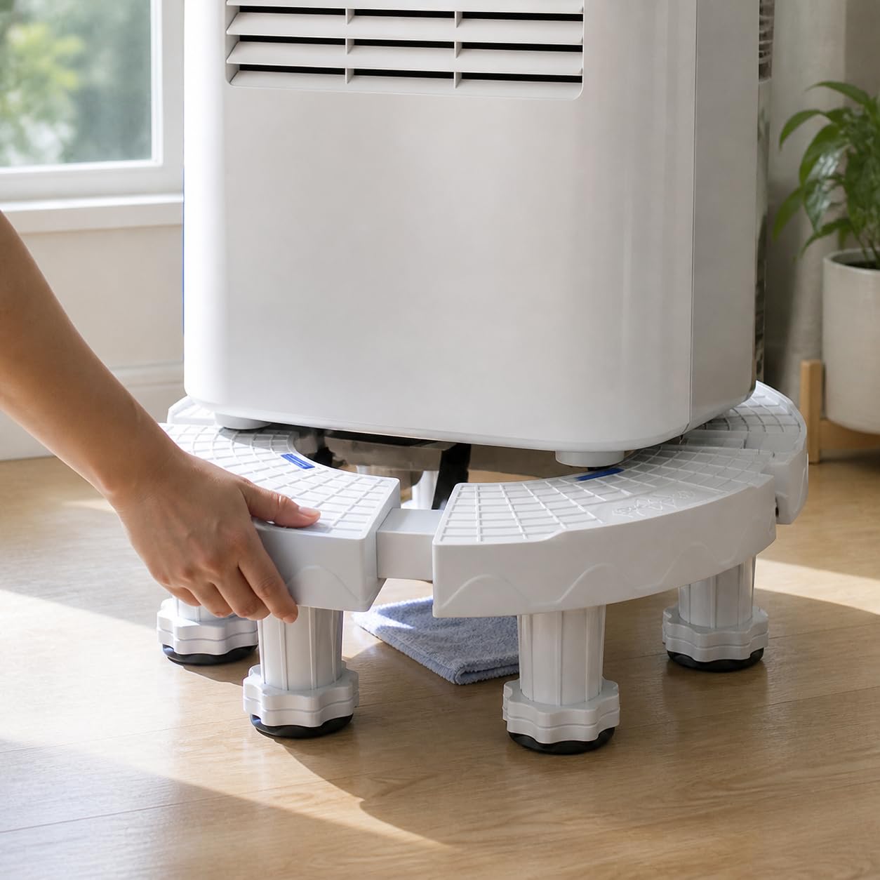 Supporto Regolabile per Condizionatore , Base rotonda bianca 4 ruote mobili | Plastica resistente, Supporto , Sotto elettrodomestici, Per tecnici