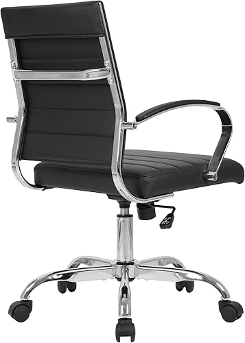 Miniatura 8 de LANDSUN Silla de oficina en casa, silla de escritorio con respaldo medio, silla giratoria ejecutiva acanalada de piel sintética con ruedas y
