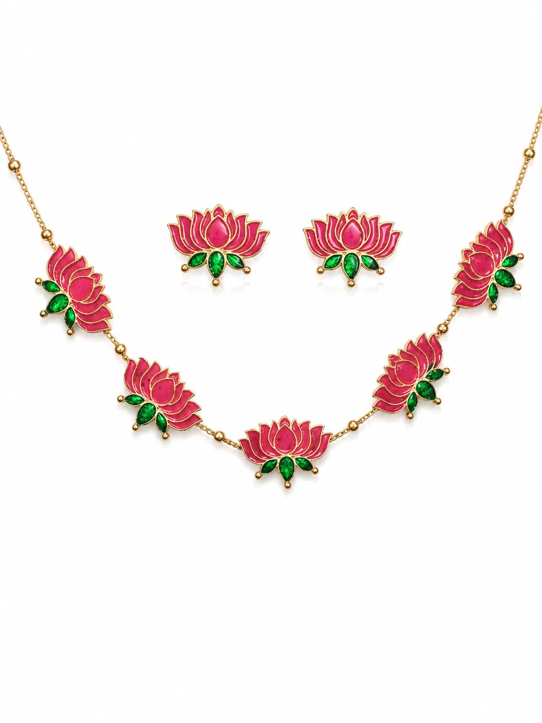 yellr lotus chain pink flower | Gold-Plated Floral Necklace Set for Women & Girls | Elegant Lotus Pendant Jewellery Set for Wedding | Traditional Necklace with Earrings |-picture-48