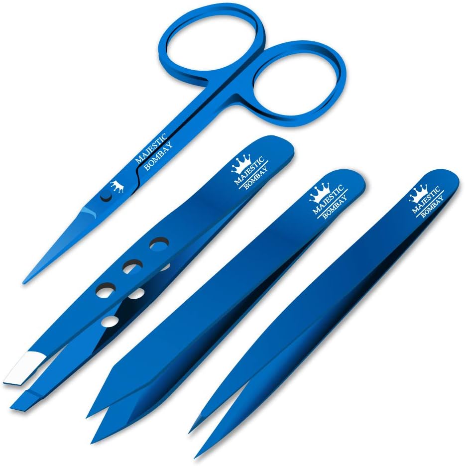Precision Personal Grooming Set Professional Quality Stainless Steel Luxury Tweezers + Nail Scissor in Titanium Blue Perfect for Ingrown Hair, Eyebrow Hair, Nose and Facial Hairs Great for Splinters