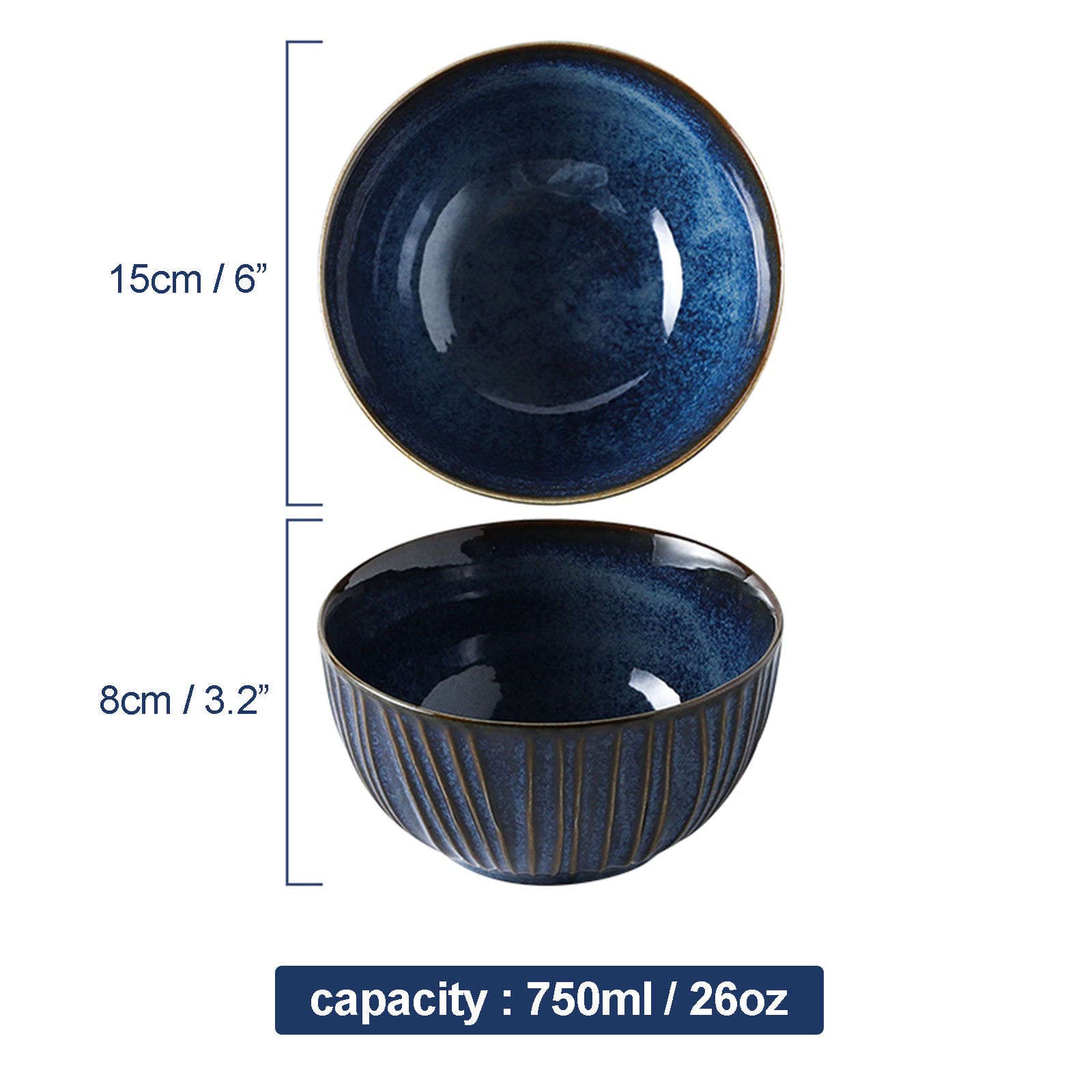 Duże ceramiczne miski do serwowania, zestaw 2 sztuk, niebieska miska na płatki śniadaniowe na śniadanie, mała głęboka miska sałatkowa do zupy, niebieska, 750 ml, 25 ml