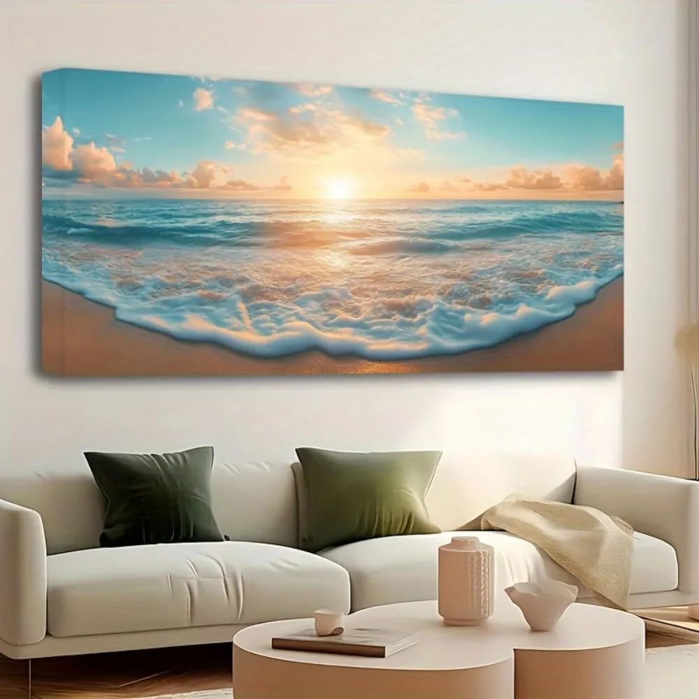 GOSRD Modern Wall Artwork Prints Canvas Printed Mural, Natural Beach Sunsets And Waves Picture Paintings Office Home Decoration(70X140cm/Frameless)