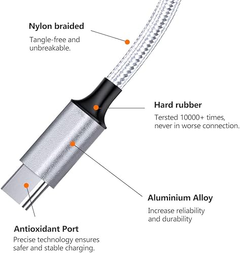 Miniatura 5 de Cable de carga múltiple, paquete de 2 cables de carga multiteléfono de 10 pies, trenzado, universal, 3 en 1, cable de carga extra largo múltiple con